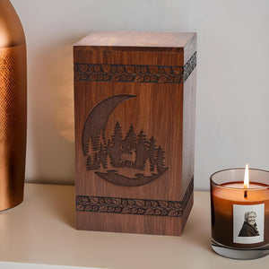Handcrafted Rosewood Urn for Human Ashes - Beautifull Moon and Deer Tree Wooden Box Cremation Pets Handmade Burial Loving Memories (Rosewood, L(11.25X6.25”)250CU) (Moon-09)