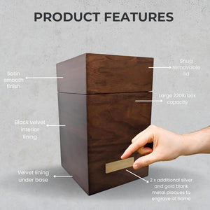 Wood Cremation Urn for Human Ashes | Large Urns Memorial Box for Adult Male | Handmade Funeral Keepsake Urn | Up to 220 lbs Cremains Capacity | Includes Bag and Engraving Plaques |
