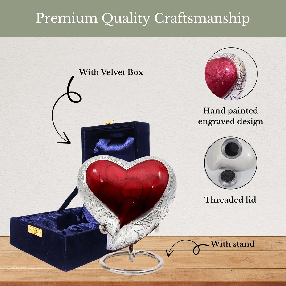 NORSE'S TRADECRAFT Heart Mini Urn for Ashes Adult Male, Female | Memorial Gifts with Velvet Box & Stand l Handcrafted Cremation Urns for Human Ashes, Pets | Red Heart with Engraved Design - 3 cu in