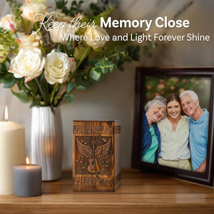 INTAJ Small Wooden Cremation Urns for Human Ashes Adult Male 20 Cubic Inches - Keepsake Urn for Ashes for Women & Men - Angel Wings Guitar Design, Wooden Carved Urn Box, Suitable for Burial & Funeral