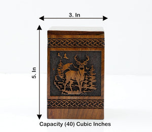 Deer Wooden Urn,Handmade Rosewood Rectangular Urn, Hand Carved Deer and Tree Design, Male Female Ashes,Decorative Urn Size Small 40 Cubic Inches Keepsake