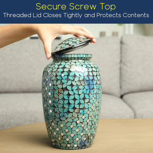 Mosaic Glass Cremation Urn - Hand Made Funeral Urn for Human Ashes - Large Adult Size Burial Urn - Hand Applied Individual Tiles Create a one of a Kind Work of Art - 200 cu in (Blue)