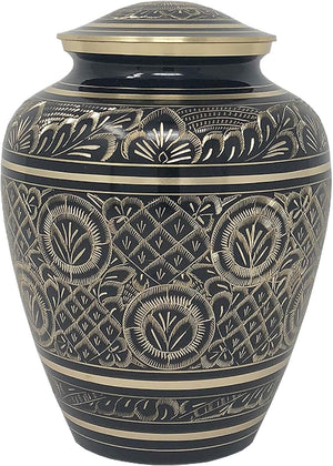 Radiant Elite Metal Adult Cremation Urn - Hand Engraved Accents - Momentful Life - Elegant Black and Gold Urn