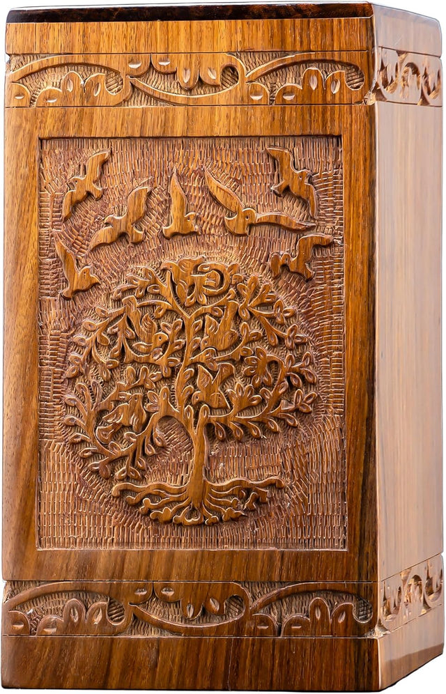 INTAJ Cremation Urns for Ashes – Companion Wooden Tree of Life Urn Box and Casket for Human Ashes of Men, Women, Child, or Pets (Cat/Dog) – Memorial Burial Funeral Urns – Holds 640 Cubic Inches
