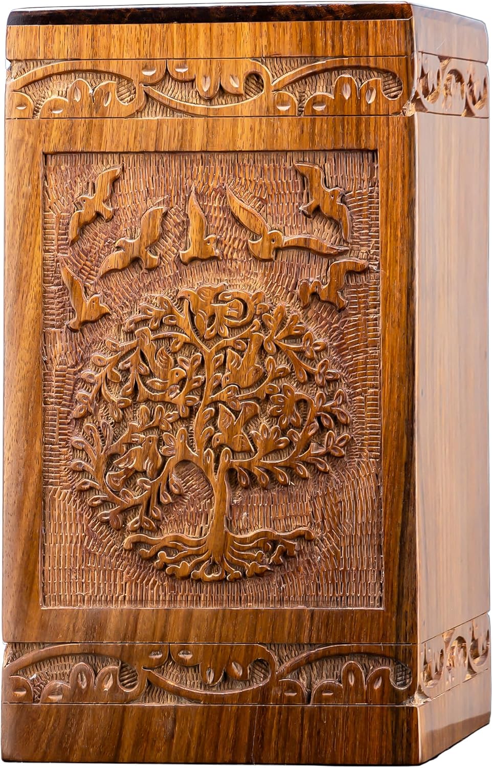 INTAJ Cremation Urns for Ashes – Companion Wooden Tree of Life Urn Box and Casket for Human Ashes of Men, Women, Child, or Pets (Cat/Dog) – Memorial Burial Funeral Urns – Holds 640 Cubic Inches