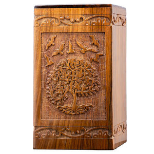 INTAJ Cremation Urns for Ashes – Companion Wooden Tree of Life Urn Box and Casket for Human Ashes of Men, Women, Child, or Pets (Cat/Dog) – Memorial Burial Funeral Urns – Holds 640 Cubic Inches