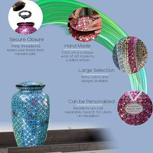 Mosaic Glass Cremation Urn - Hand Made Funeral Urn for Human Ashes - Large Adult Size Burial Urn - Hand Applied Individual Tiles Create a one of a Kind Work of Art - 200 cu in (Blue)