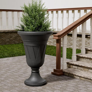 23" Tall Plastic Urn Planter (2-Pack) – Planters for Outdoor Plants with Drainage Holes & Trophy Design, Heavy-Duty Classic Indoor Large Flower Pots for Home Garden, Front Porch & Decor, Black