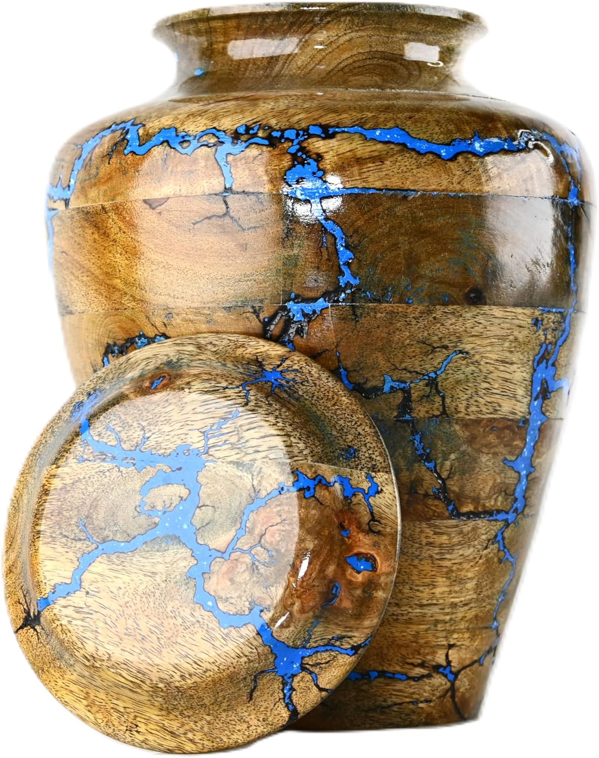 Solid Hand Turned Wooden Urns for Human Ashes Male/Female - Cremation Urns for Men/Women, Blue Decorative Urns for Ashes, Funeral Urns for Adults | X-Large (8x8x11, 250 lbs or 111.39 kg)