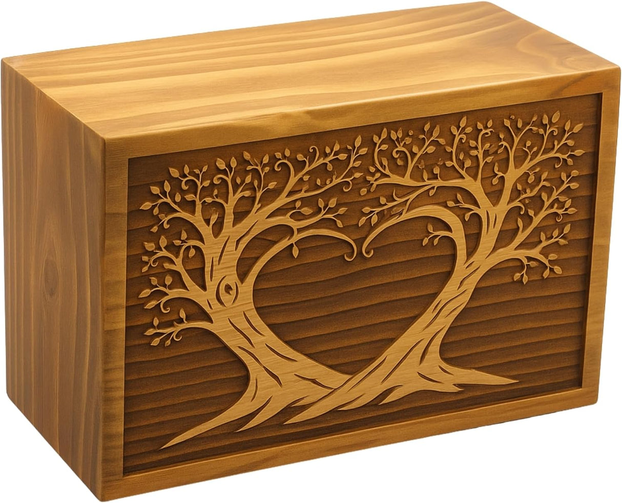Wooden Box Funeral Cremation Urns for Human Ashes Adult Large - Burial Urns for Columbarium - Tree of Life Flying Bird (250 Cubic Inches, Twin Tree - Heart)