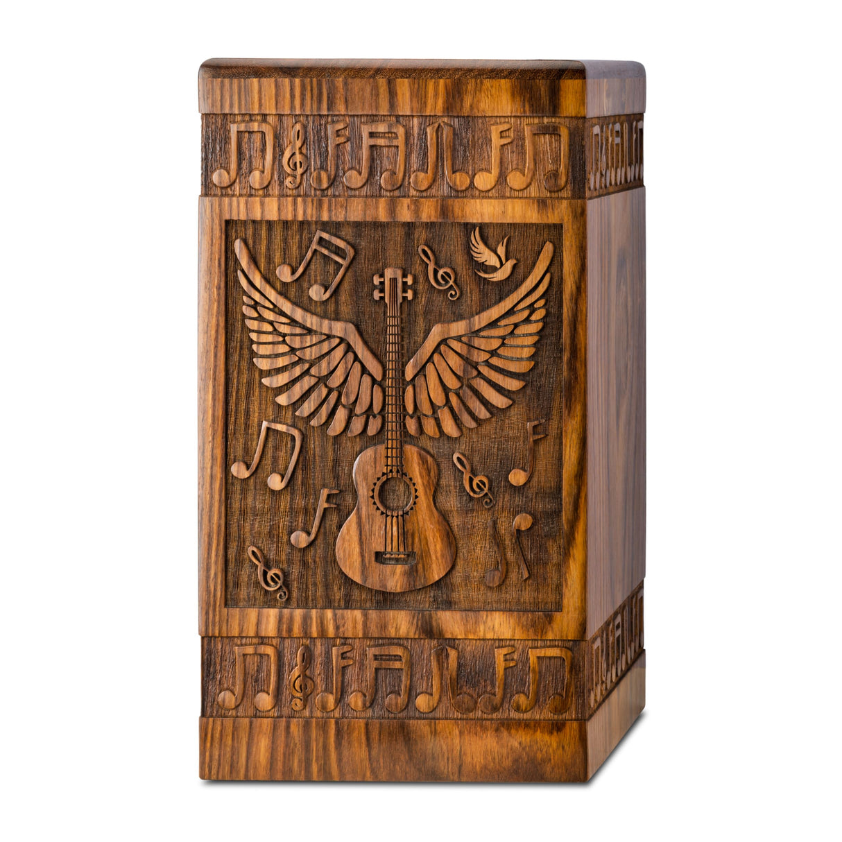 INTAJ Small Wooden Cremation Urns for Human Ashes Adult Male 20 Cubic Inches - Keepsake Urn for Ashes for Women & Men - Angel Wings Guitar Design, Wooden Carved Urn Box, Suitable for Burial & Funeral