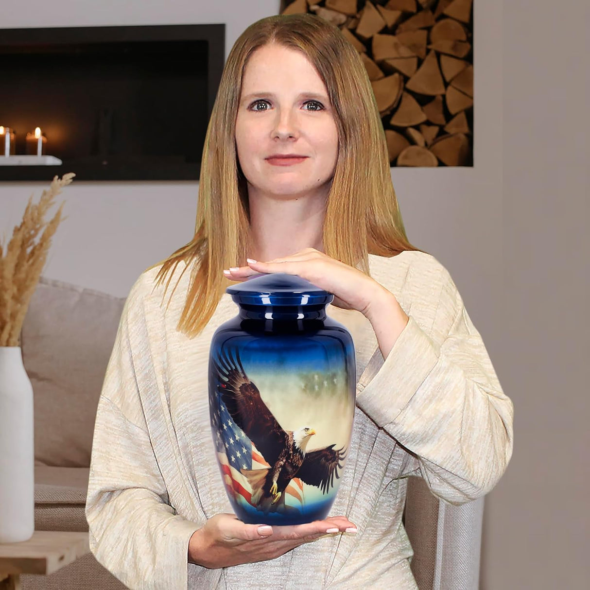 Trupoint Memorials Cremation Urns for Human Ashes, Military and Patriotic Decorative Burial Urn for Veteran Adult Men and Women, Large Blue