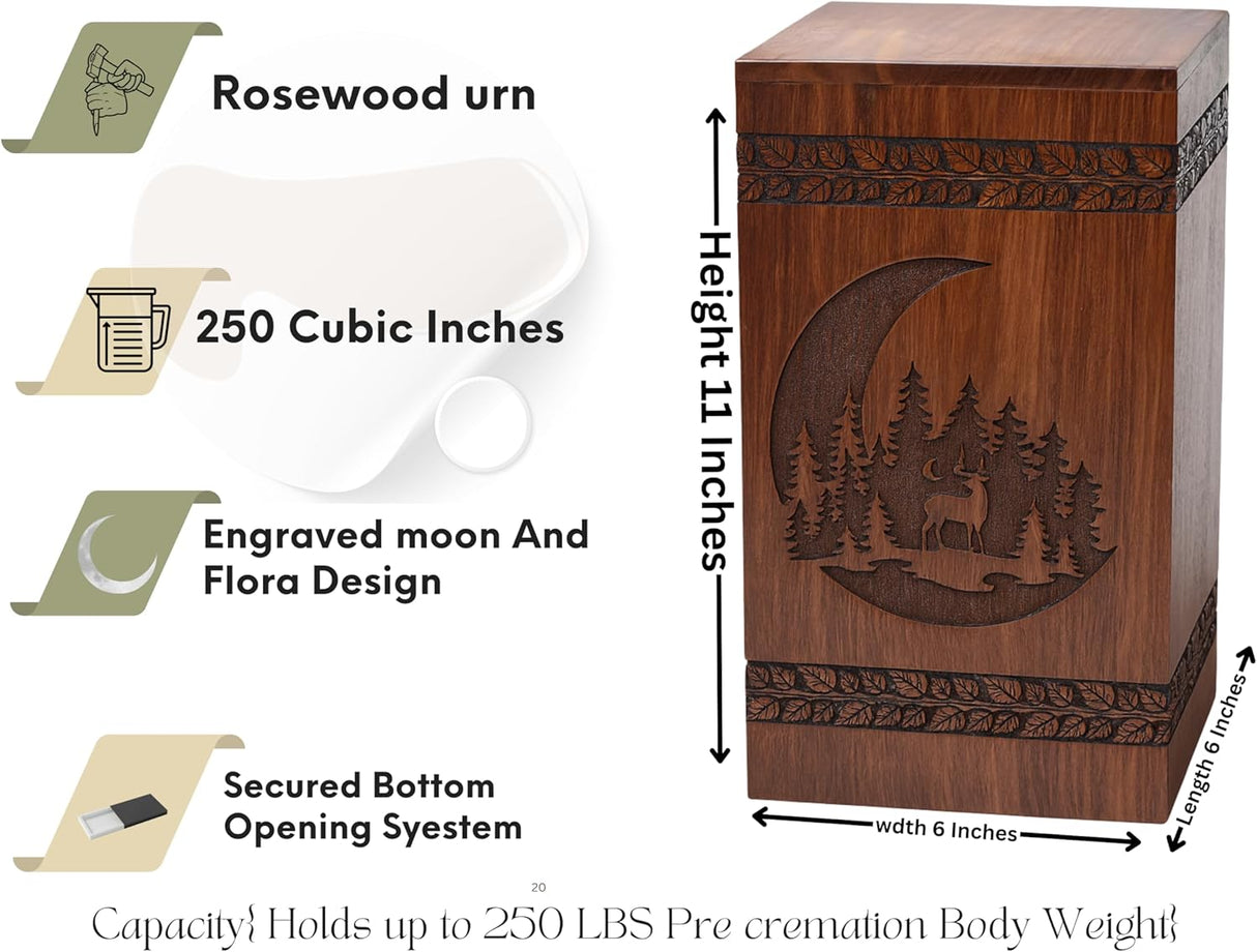 Handcrafted Rosewood Urn for Human Ashes - Beautifull Moon and Deer Tree Wooden Box Cremation Pets Handmade Burial Loving Memories (Rosewood, L(11.25X6.25”)250CU) (Moon-09)