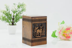 Deer Wooden Urn,Handmade Rosewood Rectangular Urn, Hand Carved Deer and Tree Design, Male Female Ashes,Decorative Urn Size Small 40 Cubic Inches Keepsake