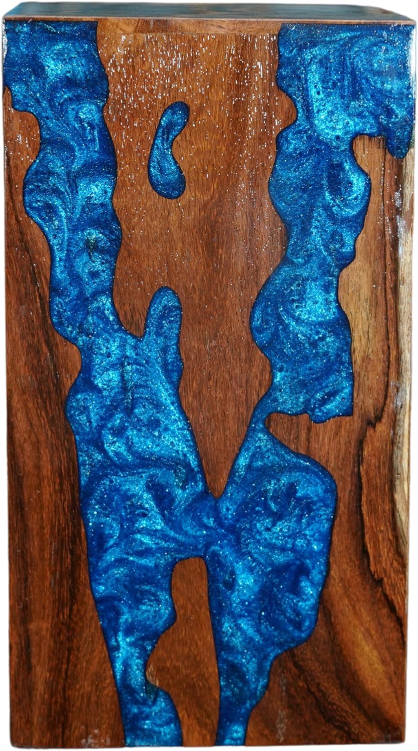 Generic Large Wooden Urn for Cremation, Pinewood & Rosewood, Blue, Floral, Wood Grain Pattern, 3x3x5 Inches, Holds 60 Cubic Inches, Sliding Opening, Glossy Finish, Urn