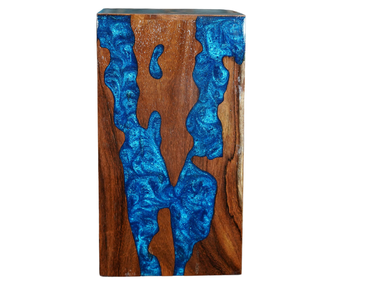 Generic Large Wooden Urn for Cremation, Pinewood & Rosewood, Blue, Floral, Wood Grain Pattern, 3x3x5 Inches, Holds 60 Cubic Inches, Sliding Opening, Glossy Finish, Urn