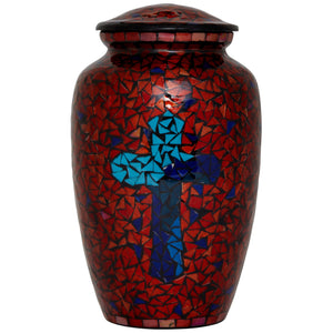 Mosaic Glass Cremation Urn - Hand Made Funeral Urn for Human Ashes - Large Adult Size Burial Urn - Hand Applied Individual Tiles Create a one of a Kind Work of Art - 200 cu in (Blue)