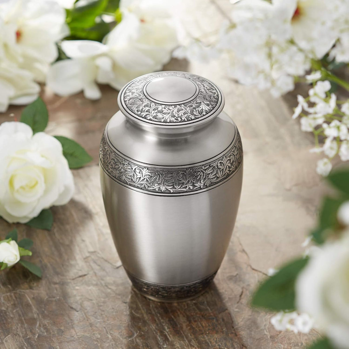 Reminded Cremation Memorial Urn for Human Ashes, Silver Adult Funeral Urn with Velvet Bag