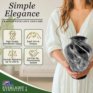 Hand Blown Glass Modern Urn for Ashes Adult Male – Large Cremation Urns for Human Ashes – Memorial Funeral Urn for Men & Women, Home Display, or Burial (Black/Silver, Adult)