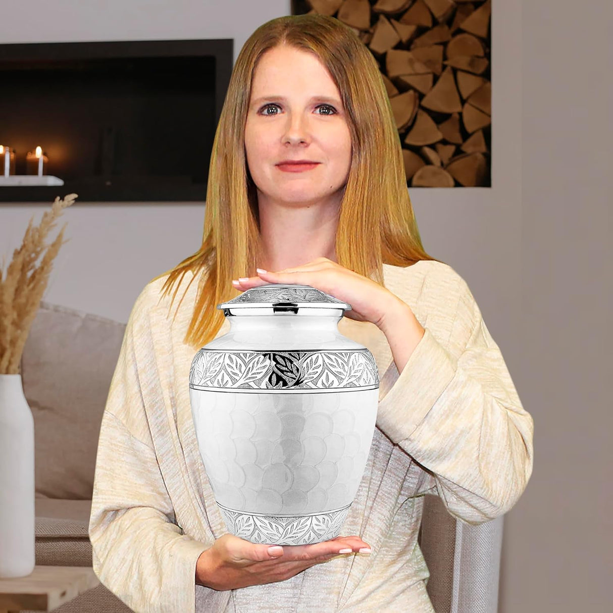 Trupoint Memorials Cremation Urn for Ashes for Women Female, Urns for Human Ashes Male, Engraved Mother of Pearl Funeral Urn for Adult Man, Silver Lining Large White