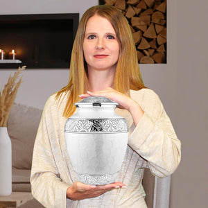 Trupoint Memorials Cremation Urn for Ashes for Women Female, Urns for Human Ashes Male, Engraved Mother of Pearl Funeral Urn for Adult Man, Silver Lining Large White