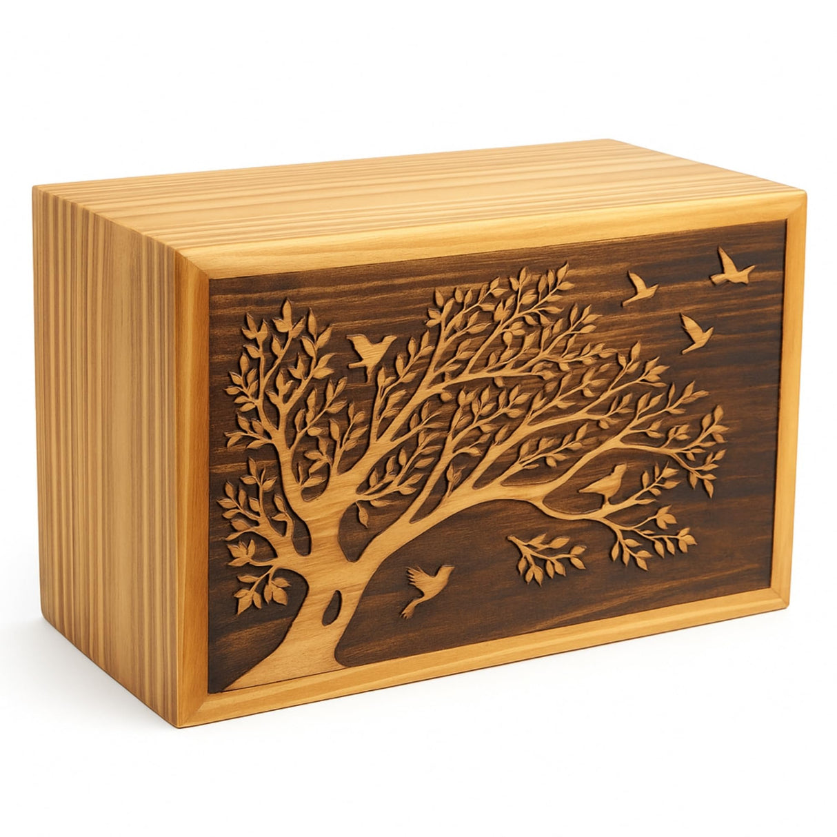 Wooden Box Funeral Cremation Urns for Human Ashes Adult Large - Burial Urns for Columbarium - Tree of Life Flying Bird (250 Cubic Inches, Twin Tree - Heart)