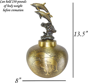 Dolphin Cremation Urn, Urns for Human Ashes, Adult Size Brass Dolphin Funeral Urn