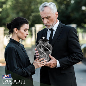 Hand Blown Glass Modern Urn for Ashes Adult Male – Large Cremation Urns for Human Ashes – Memorial Funeral Urn for Men & Women, Home Display, or Burial (Black/Silver, Adult)