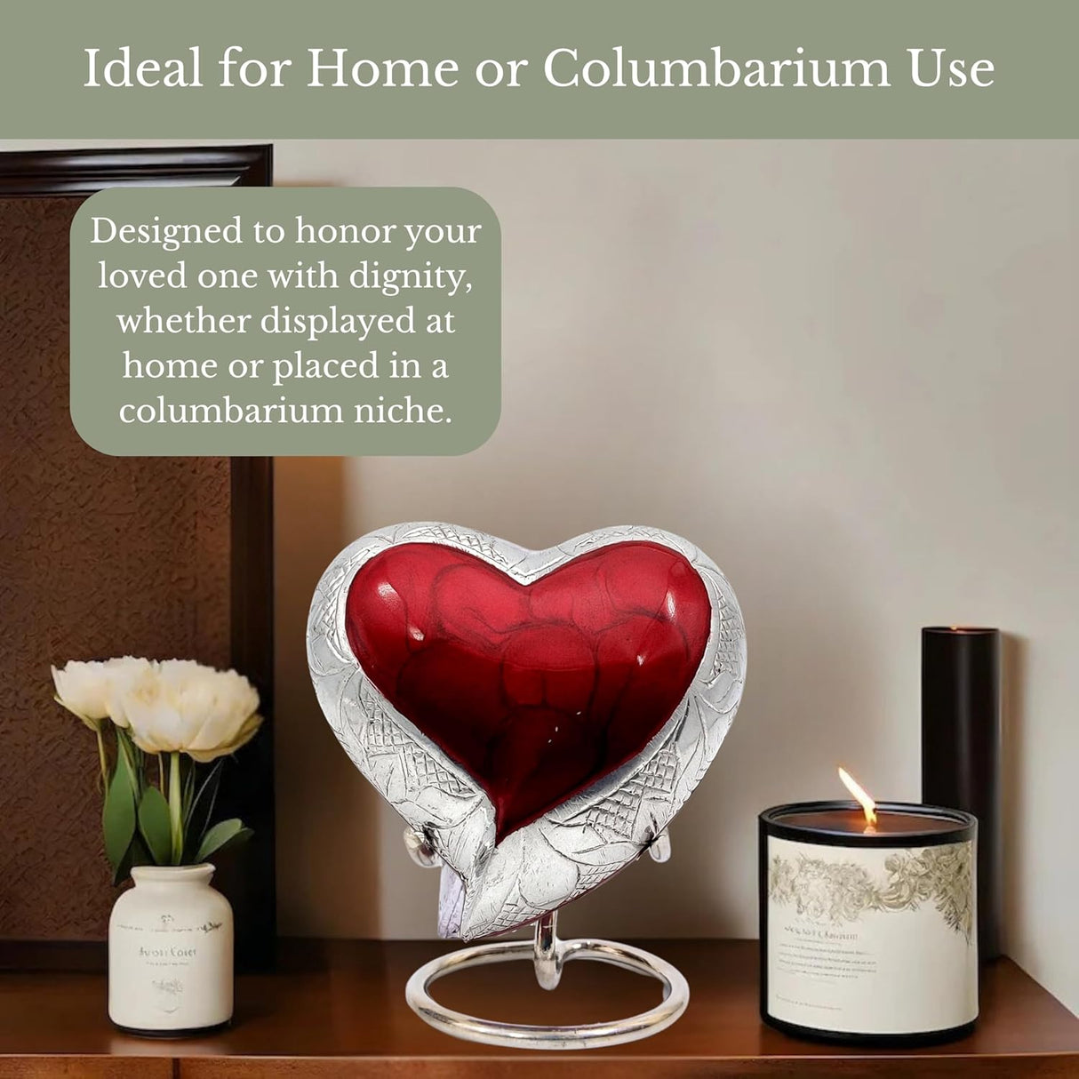 NORSE'S TRADECRAFT Heart Mini Urn for Ashes Adult Male, Female | Memorial Gifts with Velvet Box & Stand l Handcrafted Cremation Urns for Human Ashes, Pets | Red Heart with Engraved Design - 3 cu in