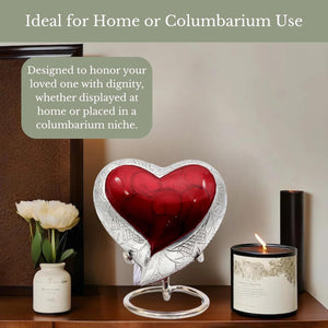 NORSE'S TRADECRAFT Heart Mini Urn for Ashes Adult Male, Female | Memorial Gifts with Velvet Box & Stand l Handcrafted Cremation Urns for Human Ashes, Pets | Red Heart with Engraved Design - 3 cu in