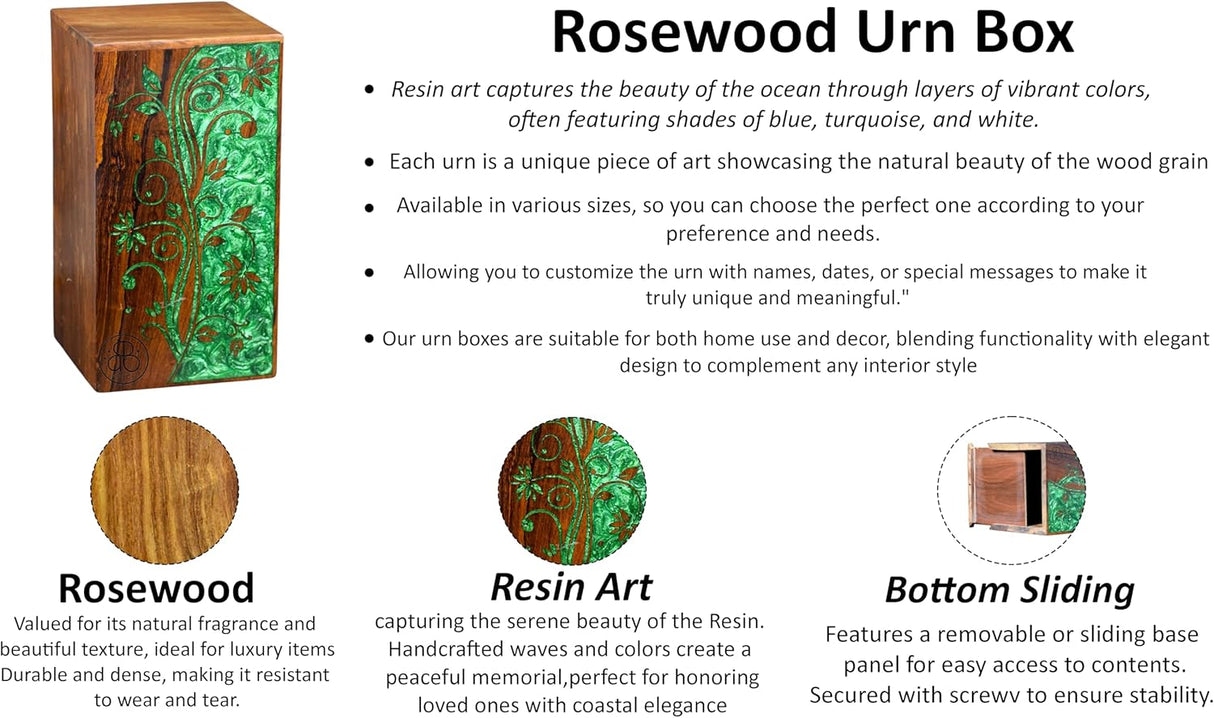Handcrafted Rosewood Urn Box with Double Side Resin | Memorial Keepsake Box | Funeral Cremation Urn for Ashes | Custom Engraved Urn (8"x5"(110Cu/in))