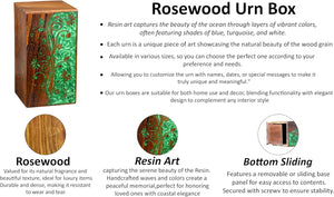 Handcrafted Rosewood Urn Box with Double Side Resin | Memorial Keepsake Box | Funeral Cremation Urn for Ashes | Custom Engraved Urn (8"x5"(110Cu/in))