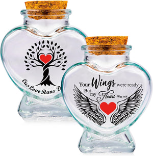 Heart Glass Urns for Ashes - Set of 2 - Sand Jar 'Your Wings Were Ready My Heart Was Not' Small Keepsake Urns for Human, Pet - Tree of Life Memorial Holder