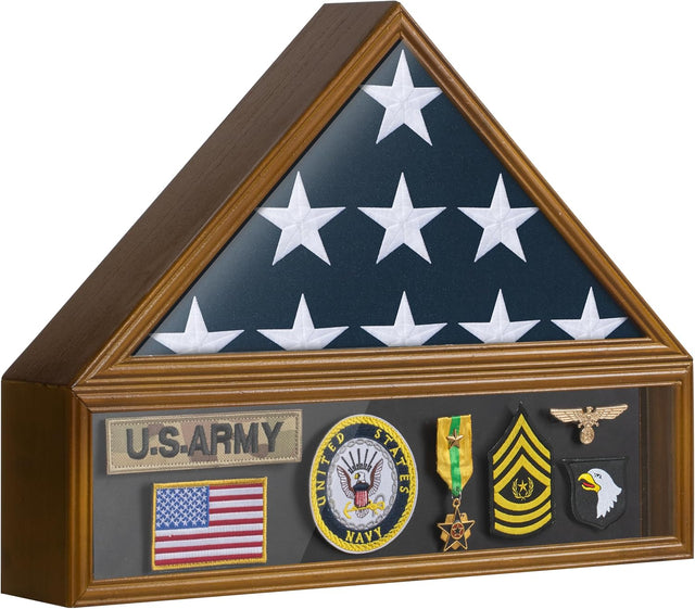 Flag Case for 3'x5' American Flag Display Case Brown Wood Memorial Flag Veteran Military Medal Pins Shadow Box with Acrylic Covered and Wall Mounted (Not for Burial Flag Size)