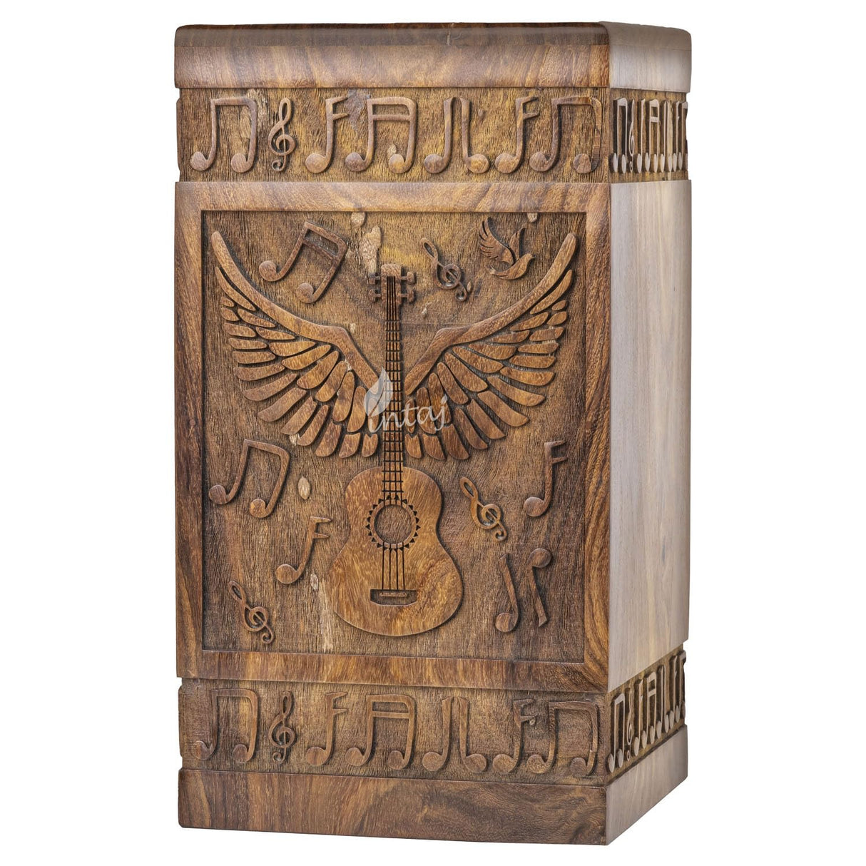 INTAJ Small Wooden Cremation Urns for Human Ashes Adult Male 20 Cubic Inches - Keepsake Urn for Ashes for Women & Men - Angel Wings Guitar Design, Wooden Carved Urn Box, Suitable for Burial & Funeral