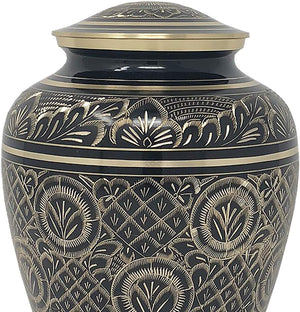 Radiant Elite Metal Adult Cremation Urn - Hand Engraved Accents - Momentful Life - Elegant Black and Gold Urn