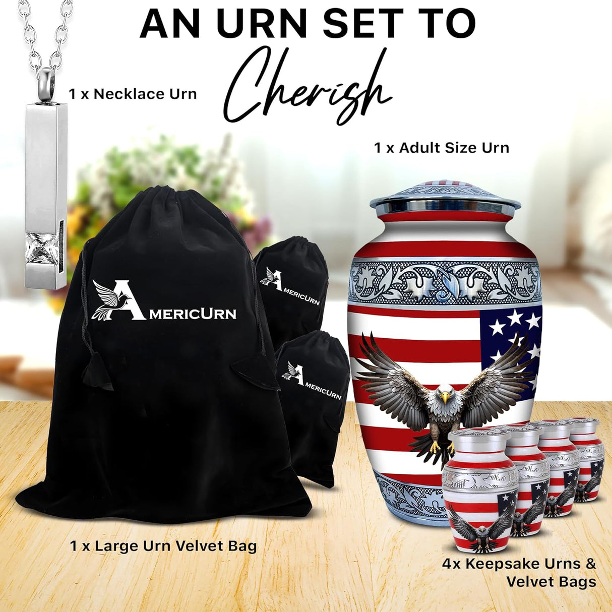 Set of 6 American Flag Decorative Cremation Urns for Ashes Adult Male & Female Includes 1 Large Urn with 4 Small Keepsakes & 1 NecklaceUrn for Human Ashes