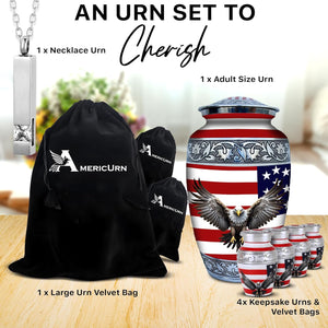 Set of 6 American Flag Decorative Cremation Urns for Ashes Adult Male & Female Includes 1 Large Urn with 4 Small Keepsakes & 1 NecklaceUrn for Human Ashes