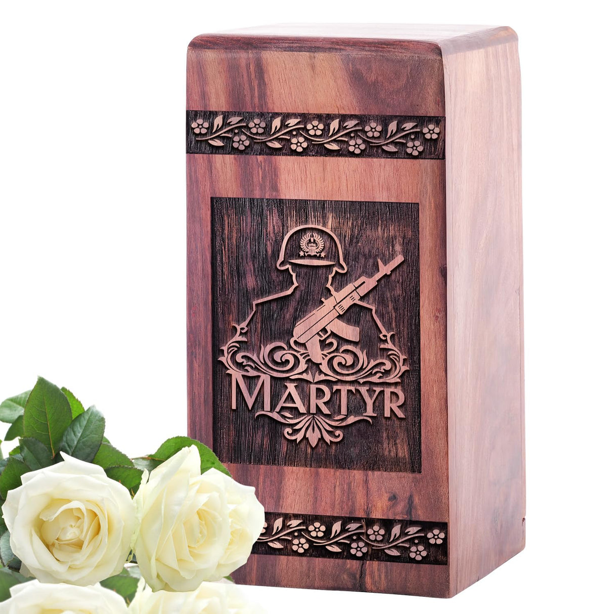 Naval Solider with Gun Wooden Cremains Box - Urns for Human Ashes Adult Large - Masculine Funeral Cremation Urns for Ashes - Adult Male - Memorial Gifts - Funeral Urns - 8 Inches