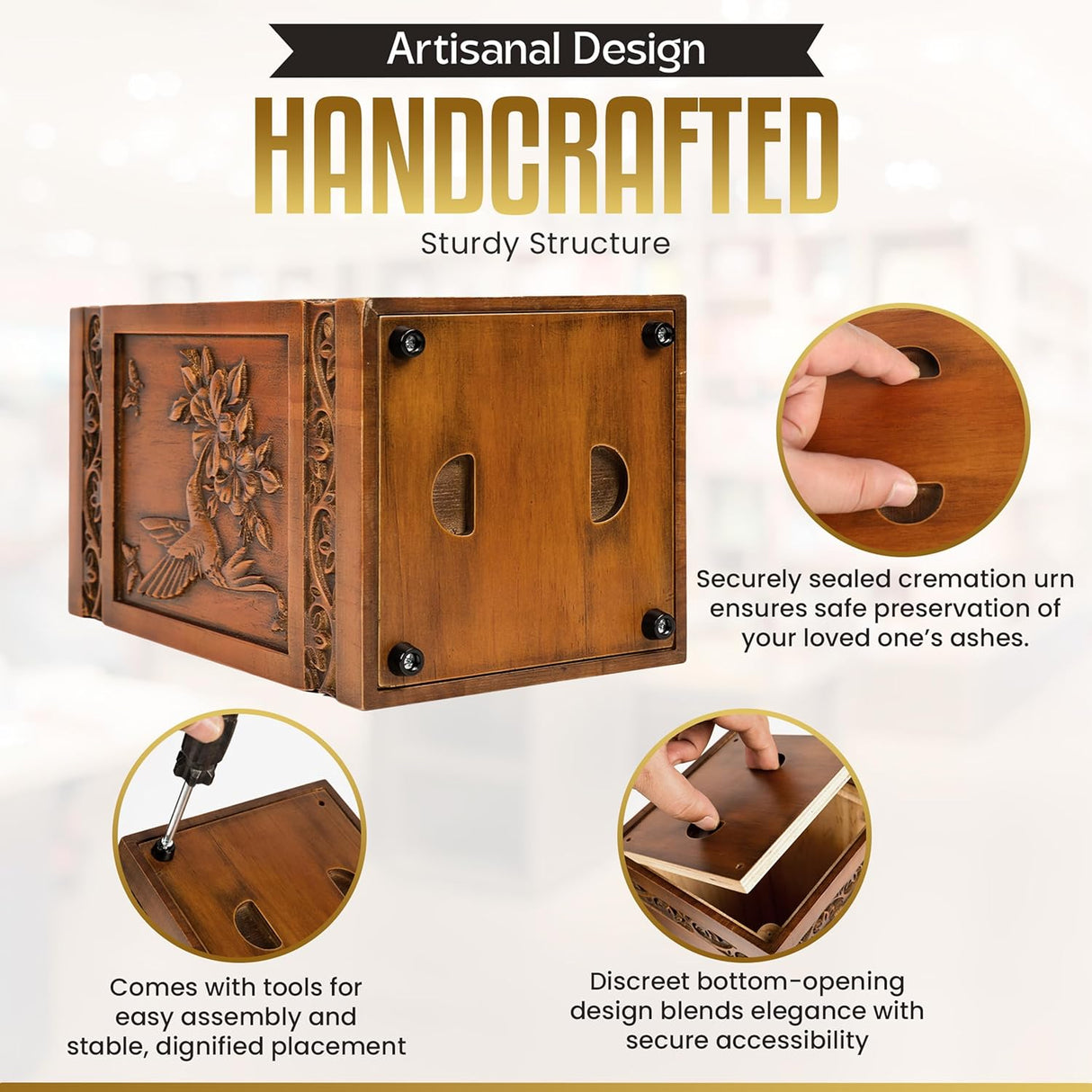 Handcrafted Memorial Urns for Human Ashes Adult Male Female, Decorative Wooden Box for Cremation Ashes Men Women Child, Unique Large Burial Funeral Urn - Hummingbird Design, Holds Up to 270 LBS