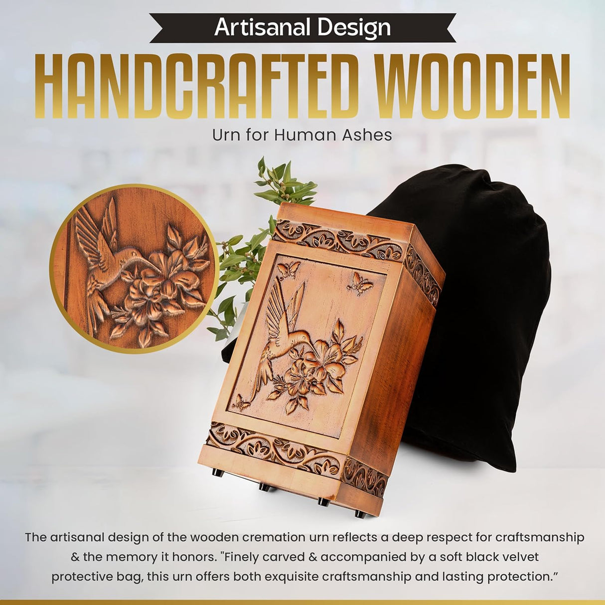 Handcrafted Memorial Urns for Human Ashes Adult Male Female, Decorative Wooden Box for Cremation Ashes Men Women Child, Unique Large Burial Funeral Urn - Hummingbird Design, Holds Up to 270 LBS