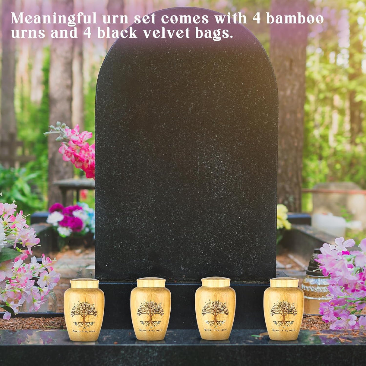 4 Sets Small Urn for Human Ashes Mini Urns with Tree Pattern Engraved Biodegradable Bamboo Cremation Urns for Pet Ashes with Black Velvet Bags