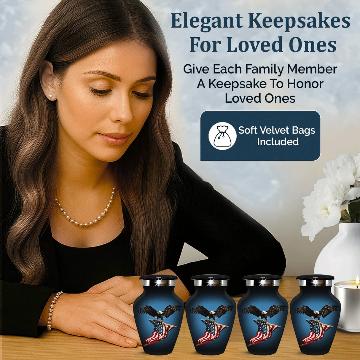 Cremation Urn for Ashes Adult Male - Hand Engraved Funeral Memorial Urns - Featuring 1 American Flag Large Urn with 4 Matching Small Urns with Bags (Black, Set of 5)