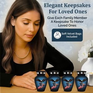 Cremation Urn for Ashes Adult Male - Hand Engraved Funeral Memorial Urns - Featuring 1 American Flag Large Urn with 4 Matching Small Urns with Bags (Black, Set of 5)