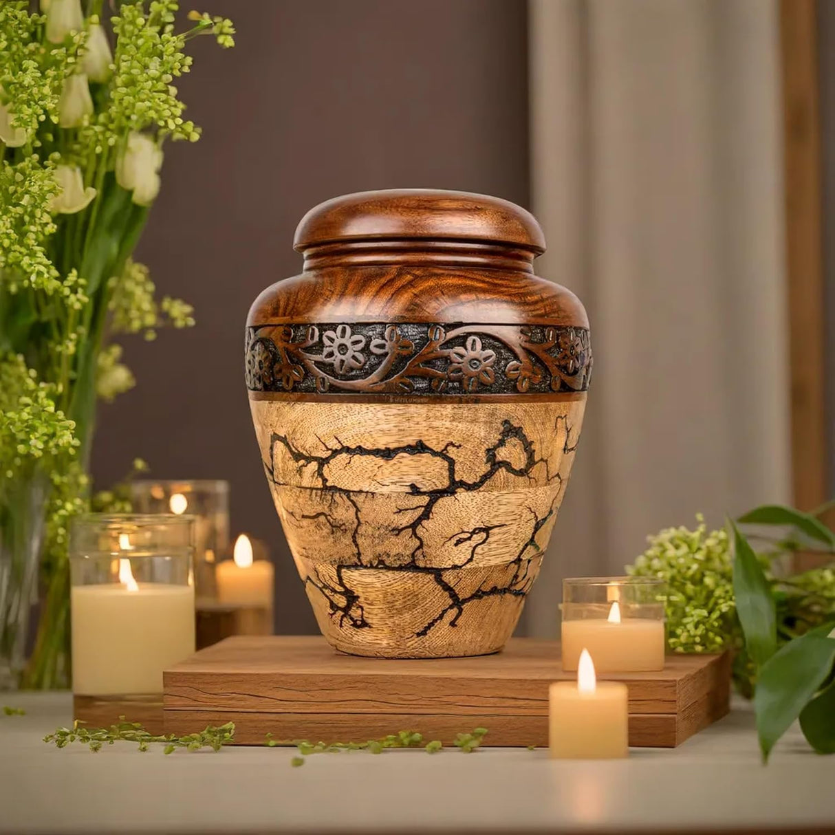 Cremation Urn for Human Ashes Adult Male or Female, Wooden Urn, Hand Carved Memorial, Large Adult Urn, Burial Urn, Wood Turned Casket for Men Women, Funeral Urn for Ashes (Keepsake 15 Cu/in)