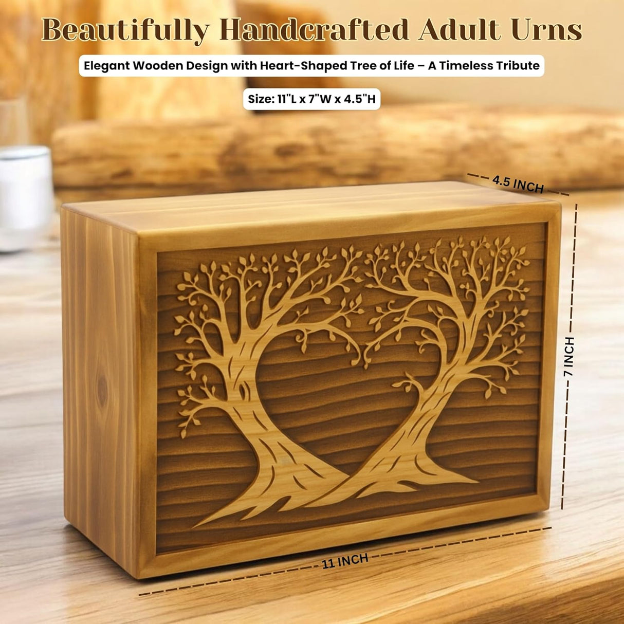 Wooden Box Funeral Cremation Urns for Human Ashes Adult Large - Burial Urns for Columbarium - Tree of Life Flying Bird (250 Cubic Inches, Twin Tree - Heart)