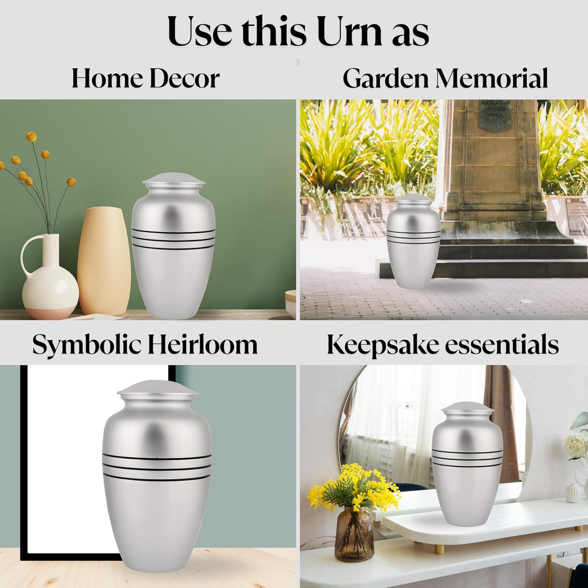 Decorative Burial Urn for Human Ashes Adult Female and Male 200+ Cubic Inches, Handcrafted Funeral Memorial Cremation Urn Affordable Urn for Human Ashes (Silver Black) ALPHA Living HOME
