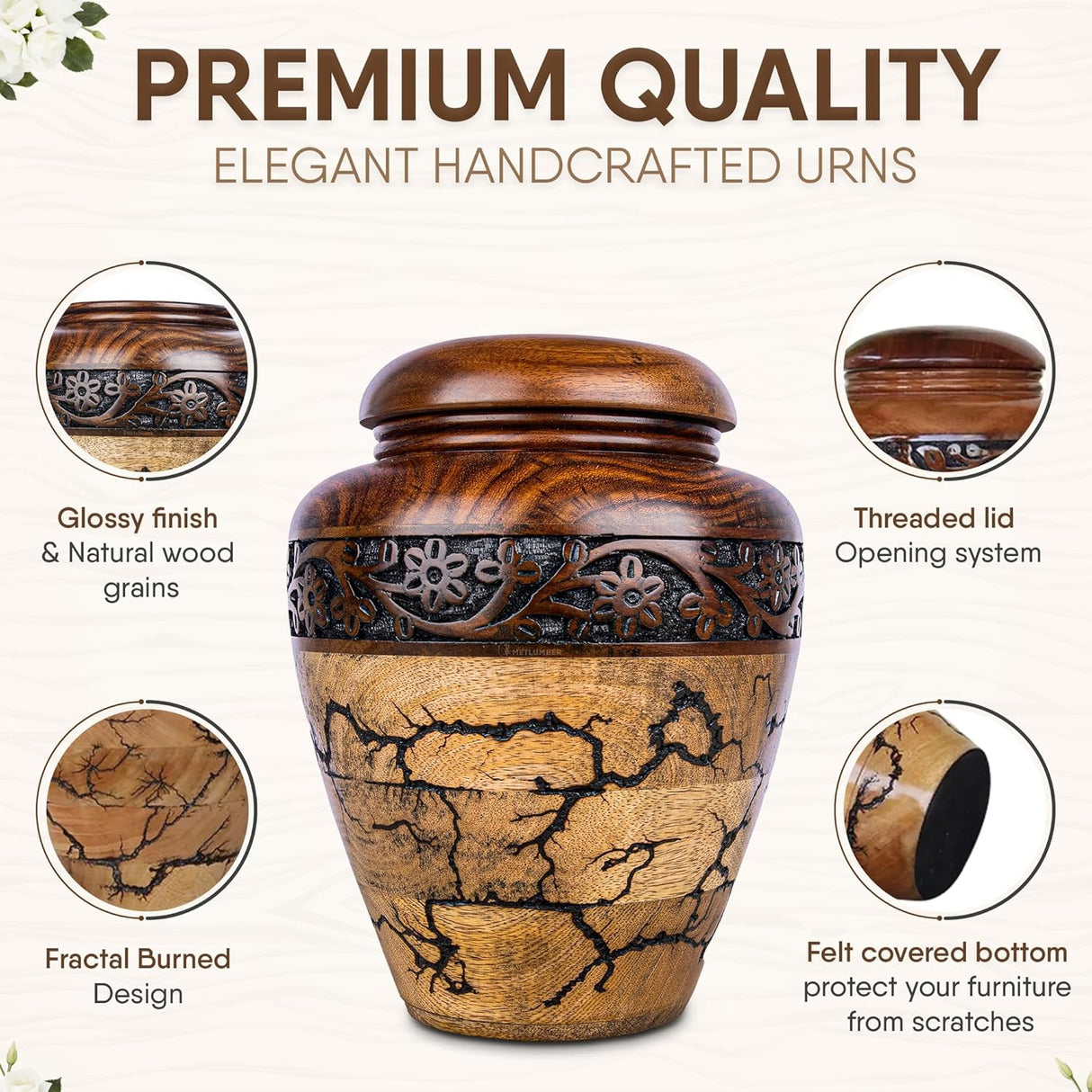 Cremation Urn for Human Ashes Adult Male or Female, Wooden Urn, Hand Carved Memorial, Large Adult Urn, Burial Urn, Wood Turned Casket for Men Women, Funeral Urn for Ashes (Keepsake 15 Cu/in)