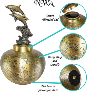 Dolphin Cremation Urn, Urns for Human Ashes, Adult Size Brass Dolphin Funeral Urn