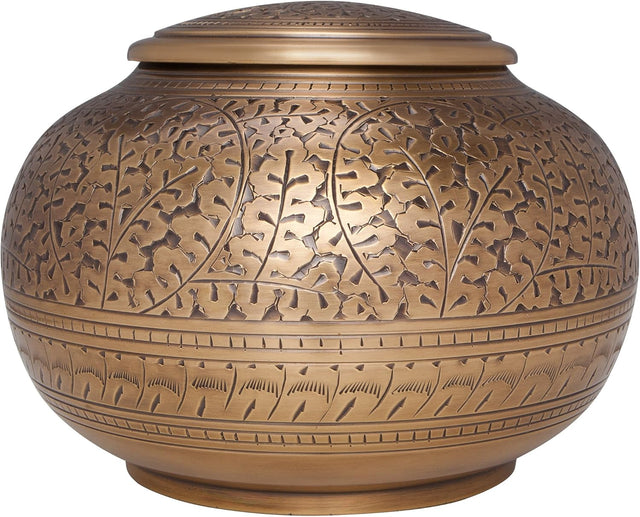 Antique Bronze Brass Cremation Urn - Low Profile Vignette Model fremation urn for Human Ashes - Suitable for Cemetery Burial or Niche - Large Size fits Remains of Adults up to 180 lbs